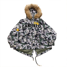 Load image into Gallery viewer, Lalabobo Garfield Sequin Logo Camo Racoon Fur Trim Hooded Jacket Women’s Large