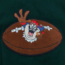 Load image into Gallery viewer, Vintage 1996 Warner Bros Studio Store Taz Football Wool Denim Bomber Jacket Men’s Small