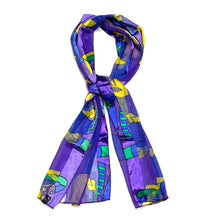 Load image into Gallery viewer, Front view of Picasso Patterned Neck Scarf Purple displayed tied in a knot

