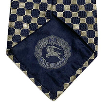 Load image into Gallery viewer, Closeup view of Burberrys Equestrian Knight Logo on inside of Vintage 90’s Burberrys of London Silk Necktie