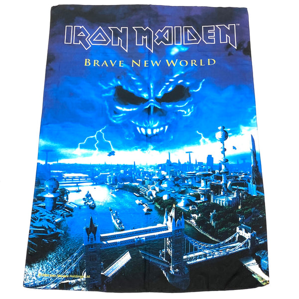 Front top view of Vintage 2000 Iron Maiden Brave New World Banner depicting London Bridge in the foreground with an Eddie formed in the clouds