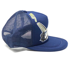 Load image into Gallery viewer, Right side view of navy blue vintage 90’s NASA Kennedy Space Center Snapback Trucker Hat with Felt Image.