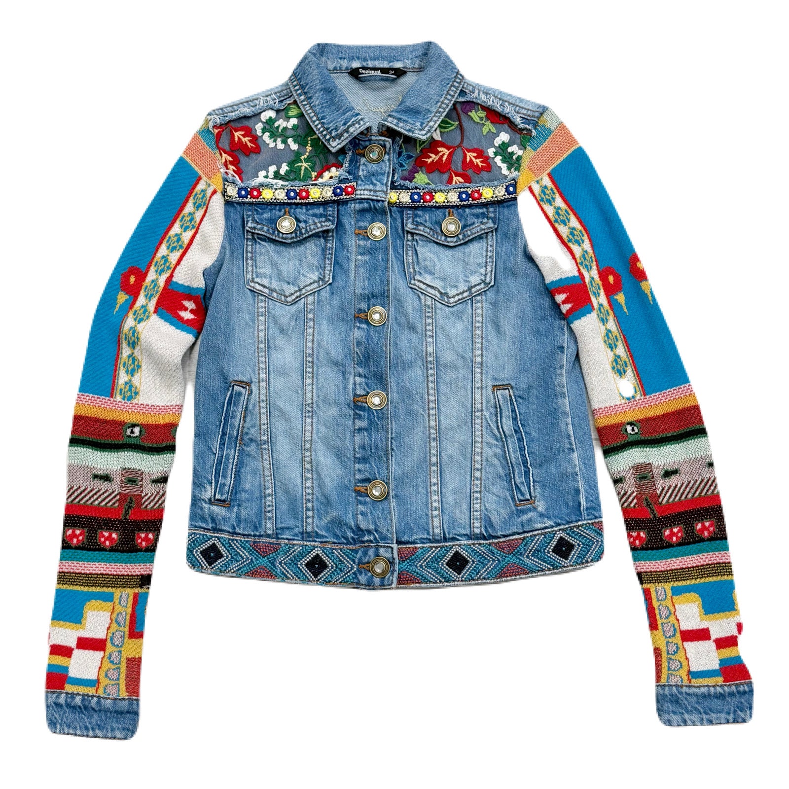 Desigual Pakaian Jadi Wanita Jaket Knit Sleeve Denim Jacket Women’s EU 34
