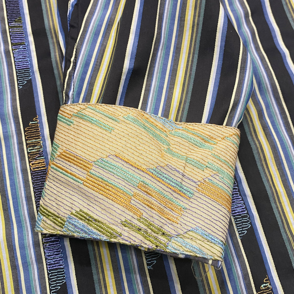 Robert Graham Striped Multicolor Flip Cuff Embroidered Mosaic Trim Button Up Shirt Men’s Medium