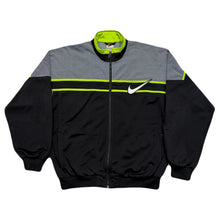 Load image into Gallery viewer, Vintage Nike White Tag Black Gray Neon Green Big Swoosh Jacket Men’s Medium
