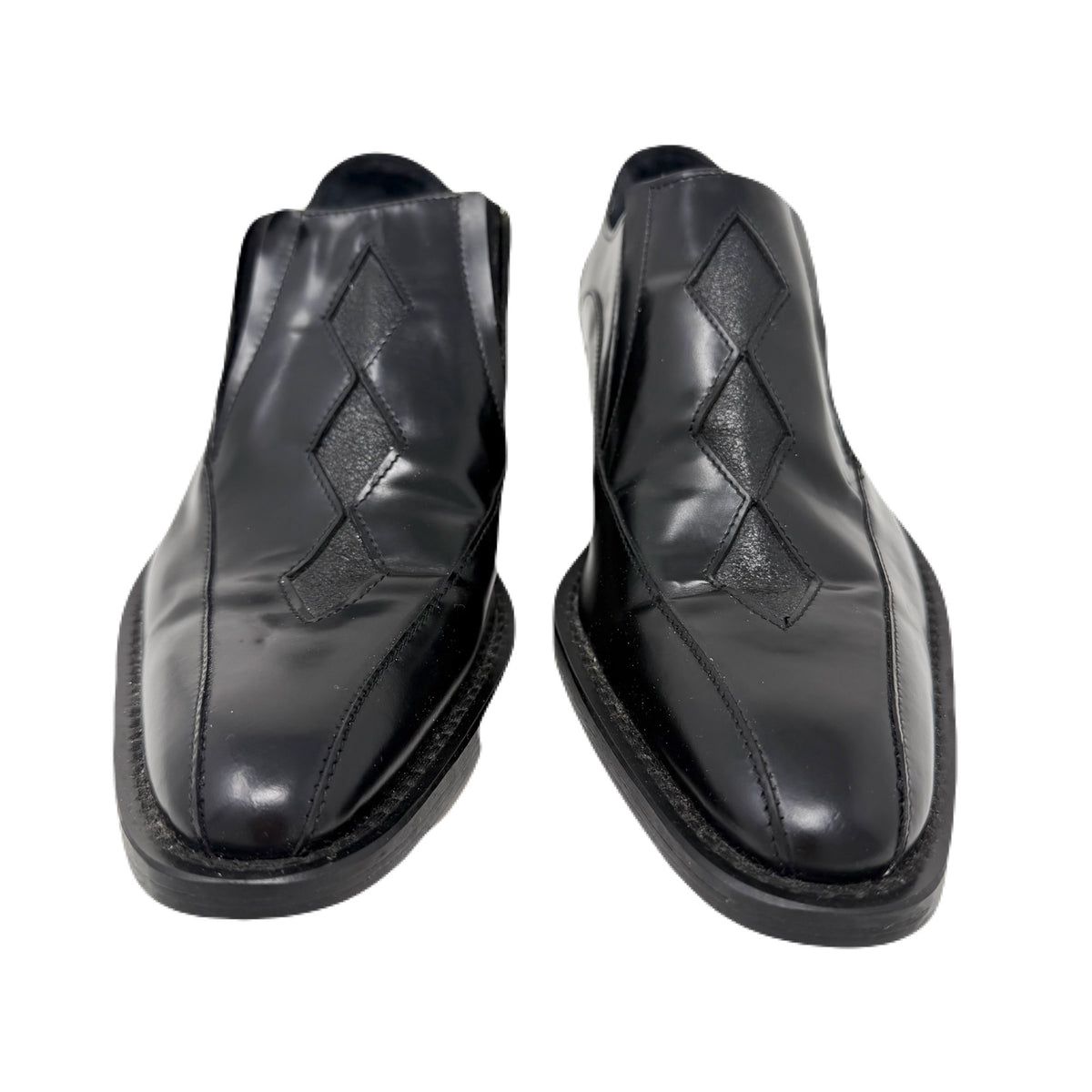 Vintage John Fluevog Ronnie Family Sigurd Diamond Pattern Stitching Black Leather Slip-On Shoes Men’s 7 US