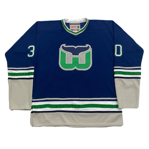 Vintage CCM Team Classics NHL Hartford Whalers #30 Blue Hockey Jersey Men’s 56