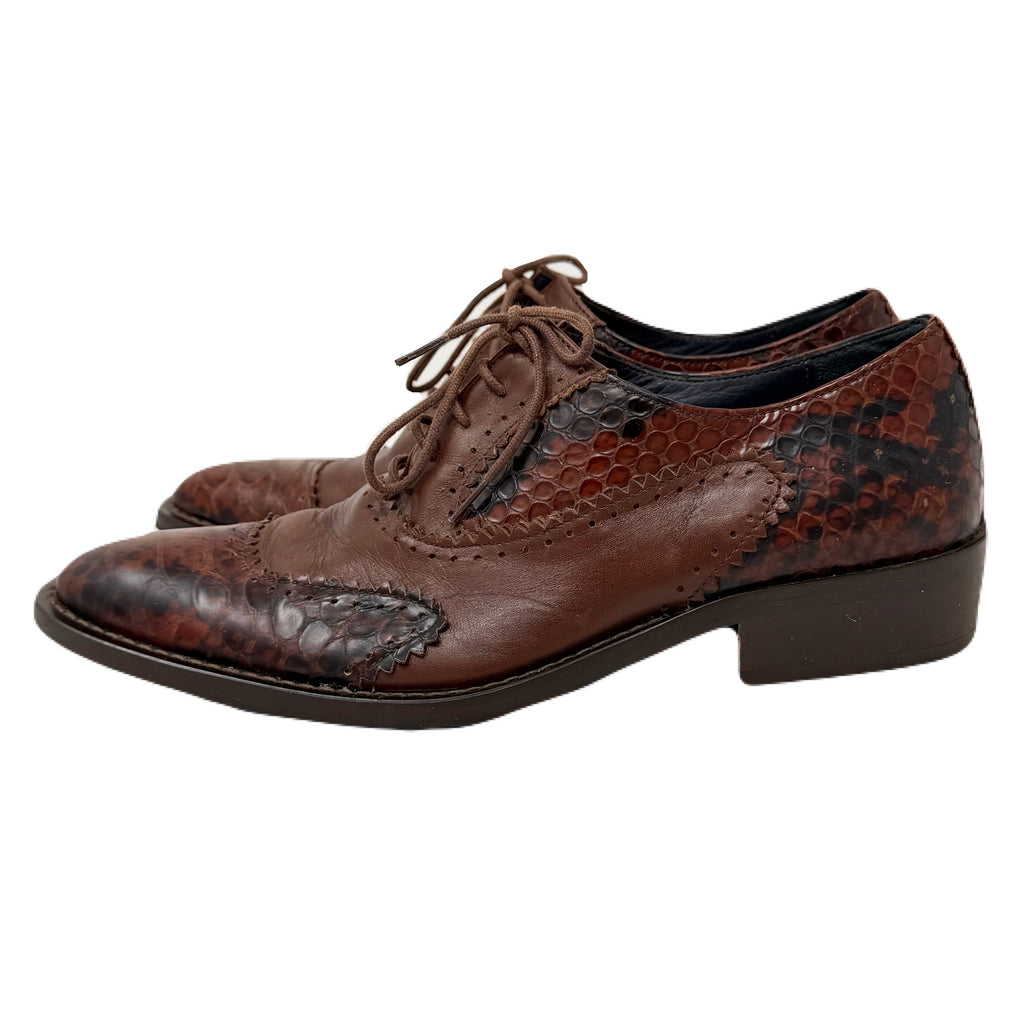 Vintage John Fluevog Twin Turbine Oxford Crocodile Stamped Brown Leather Shoes Men’s 7 US