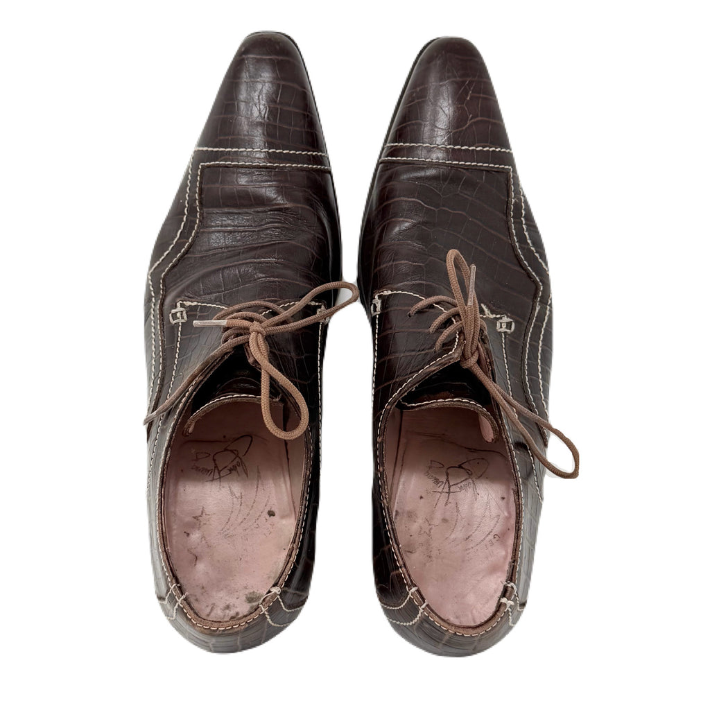 Vintage John Fluevog Idol Family Jackson Crocodile Stamped Brown Leather Shoes Men’s 7 US