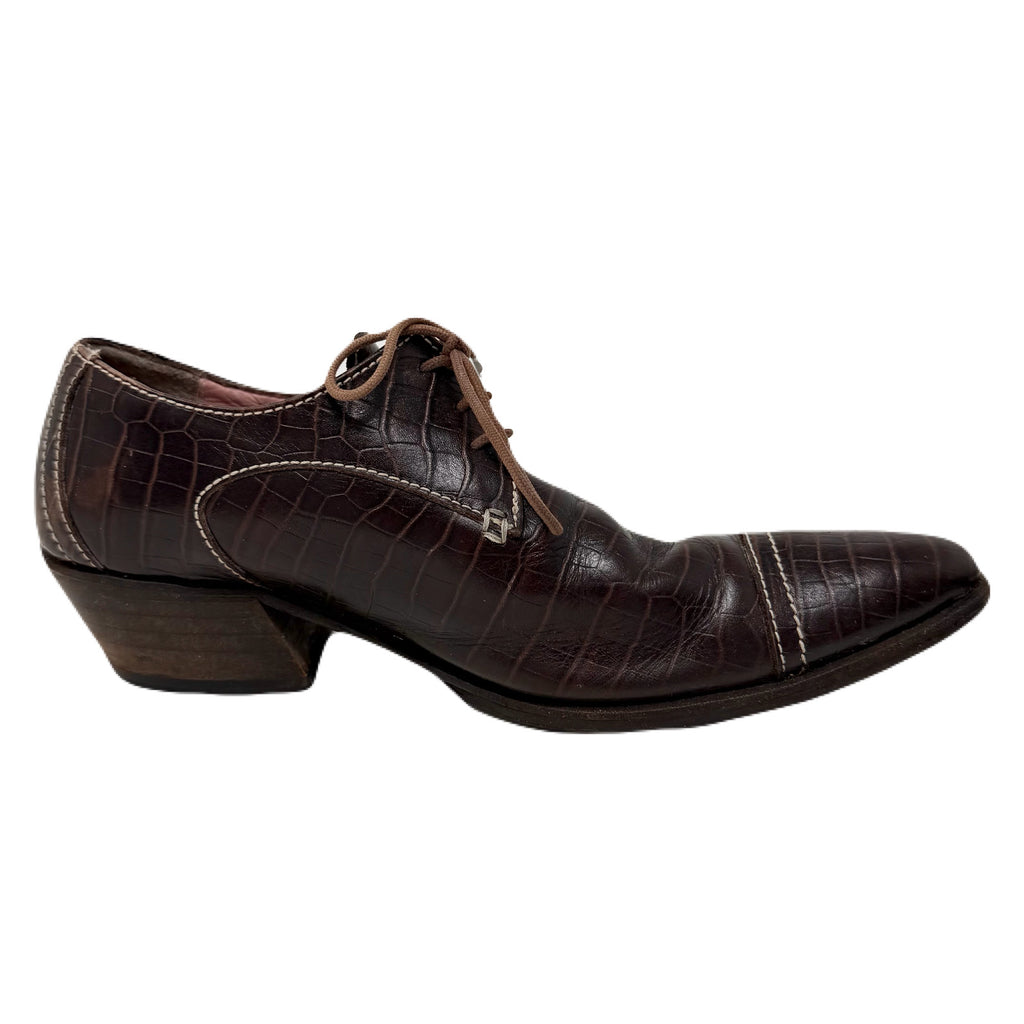 Vintage John Fluevog Idol Family Jackson Crocodile Stamped Brown Leather Shoes Men’s 7 US
