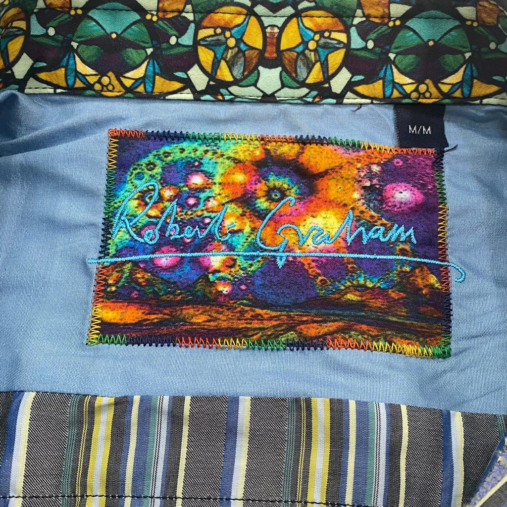 Robert Graham Striped Multicolor Flip Cuff Embroidered Mosaic Trim Button Up Shirt Men’s Medium