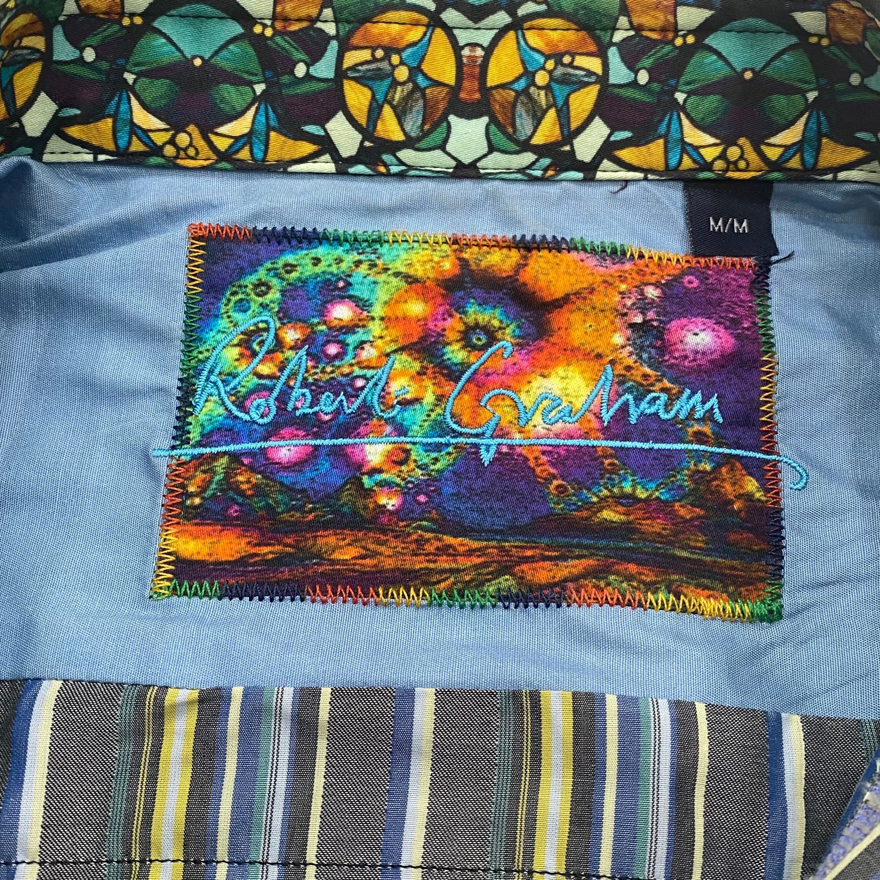 Robert Graham Striped Multicolor Flip Cuff Embroidered Mosaic Trim Button Up Shirt Men’s Medium