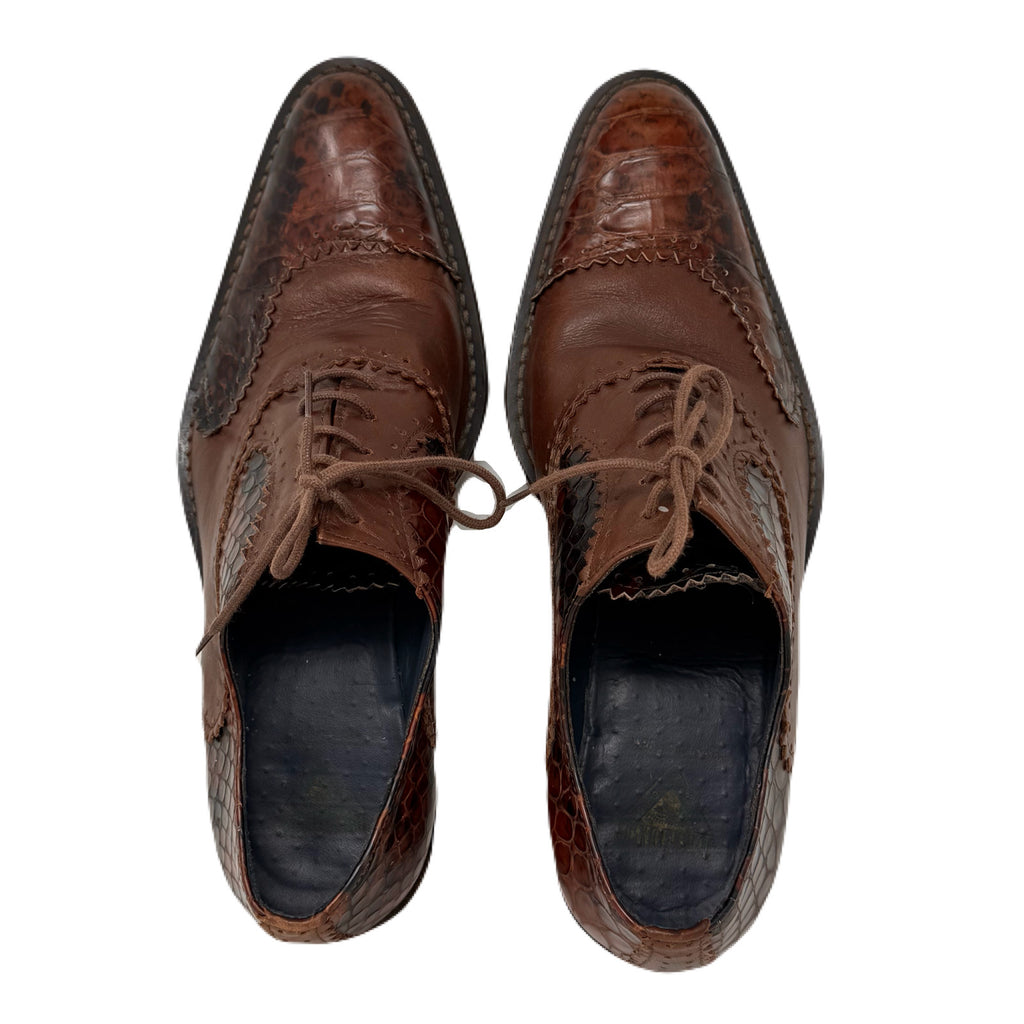 Vintage John Fluevog Twin Turbine Oxford Crocodile Stamped Brown Leather Shoes Men’s 7 US