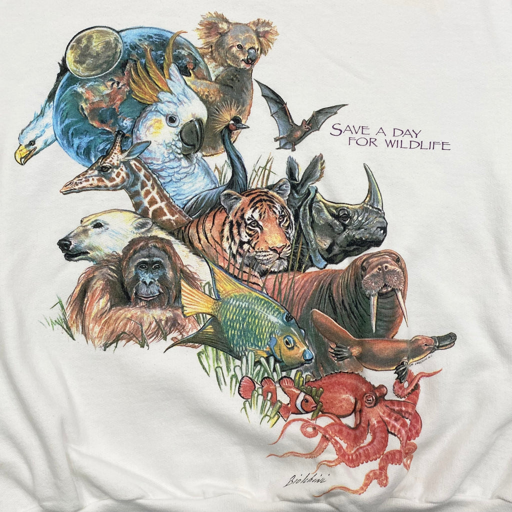 Vintage 1991 Harlequin Save A Day For Wildlife Double Sided Sweatshirt Adult Medium