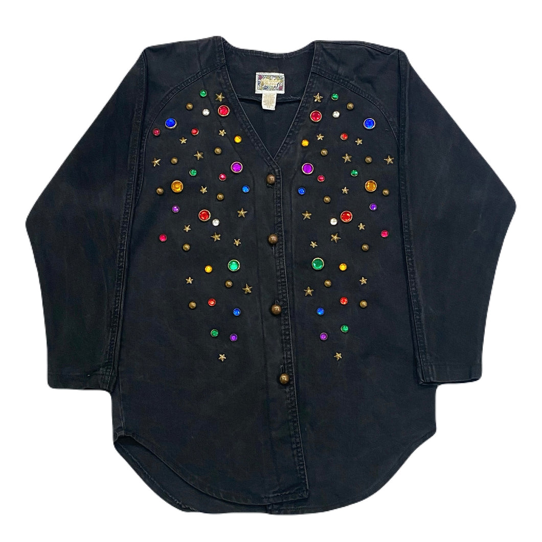 Vintage Monique Fashions Black Denim Embellished Stars & Gems Shirt Women’s 5/6