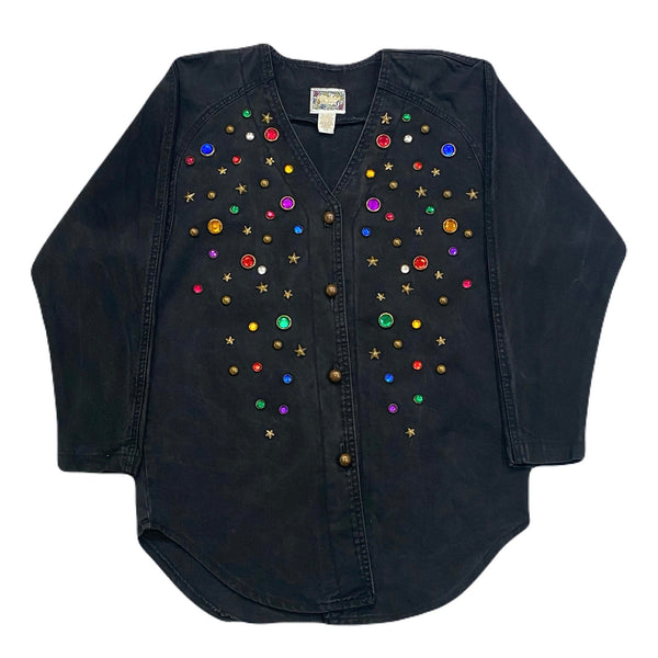 Vintage Monique Fashions Black Denim Embellished Stars & Gems Shirt Women’s 5/6