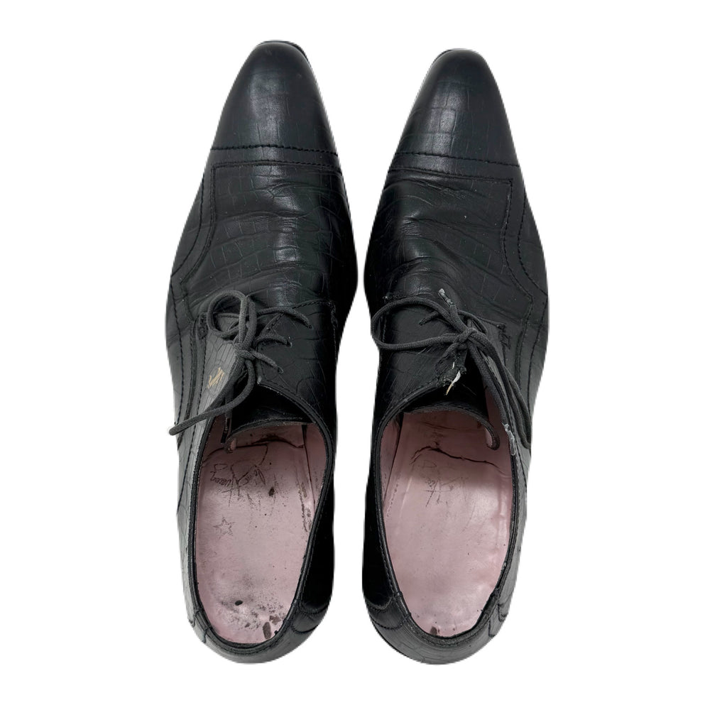Vintage John Fluevog Idol Family Jackson Crocodile Stamped Black Leather Shoes Men’s 7 US