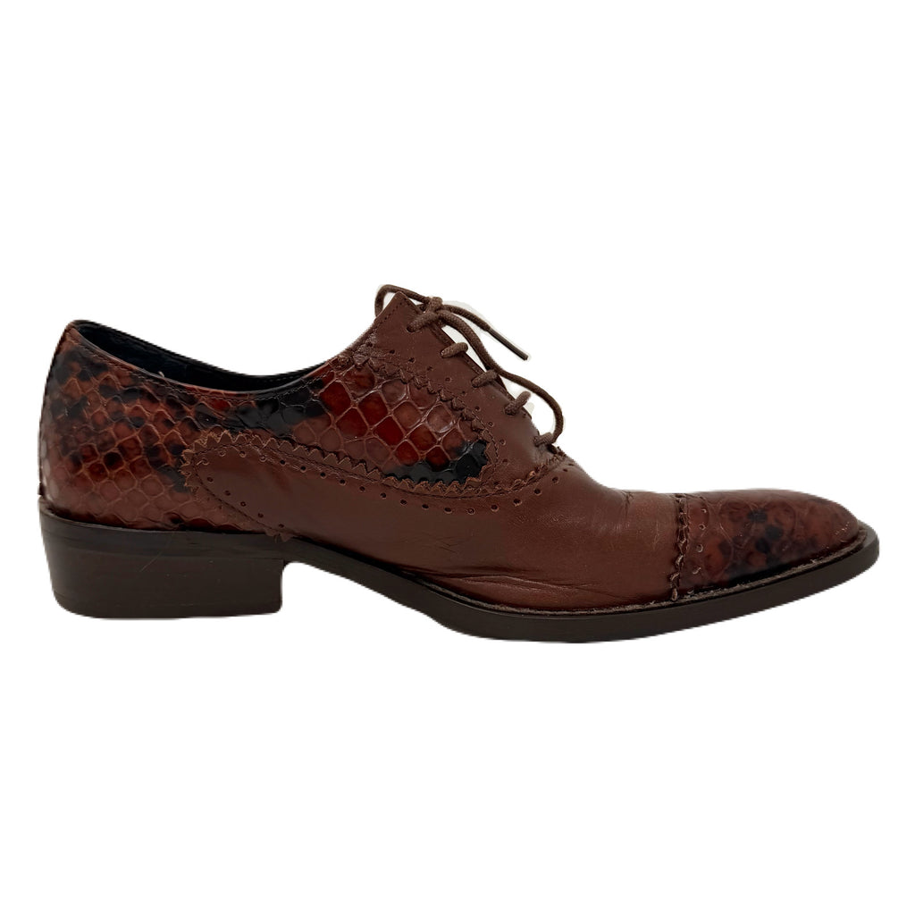 Vintage John Fluevog Twin Turbine Oxford Crocodile Stamped Brown Leather Shoes Men’s 7 US