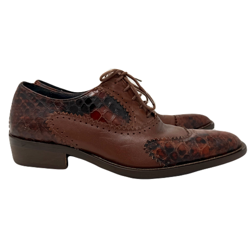 Vintage John Fluevog Twin Turbine Oxford Crocodile Stamped Brown Leather Shoes Men’s 7 US
