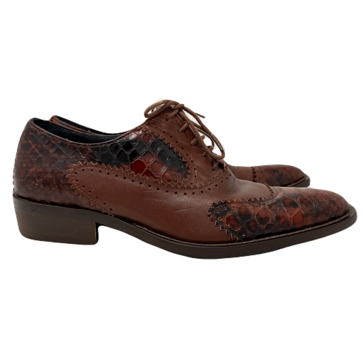 Vintage John Fluevog Twin Turbine Oxford Crocodile Stamped Brown Leather Shoes Men’s 7 US
