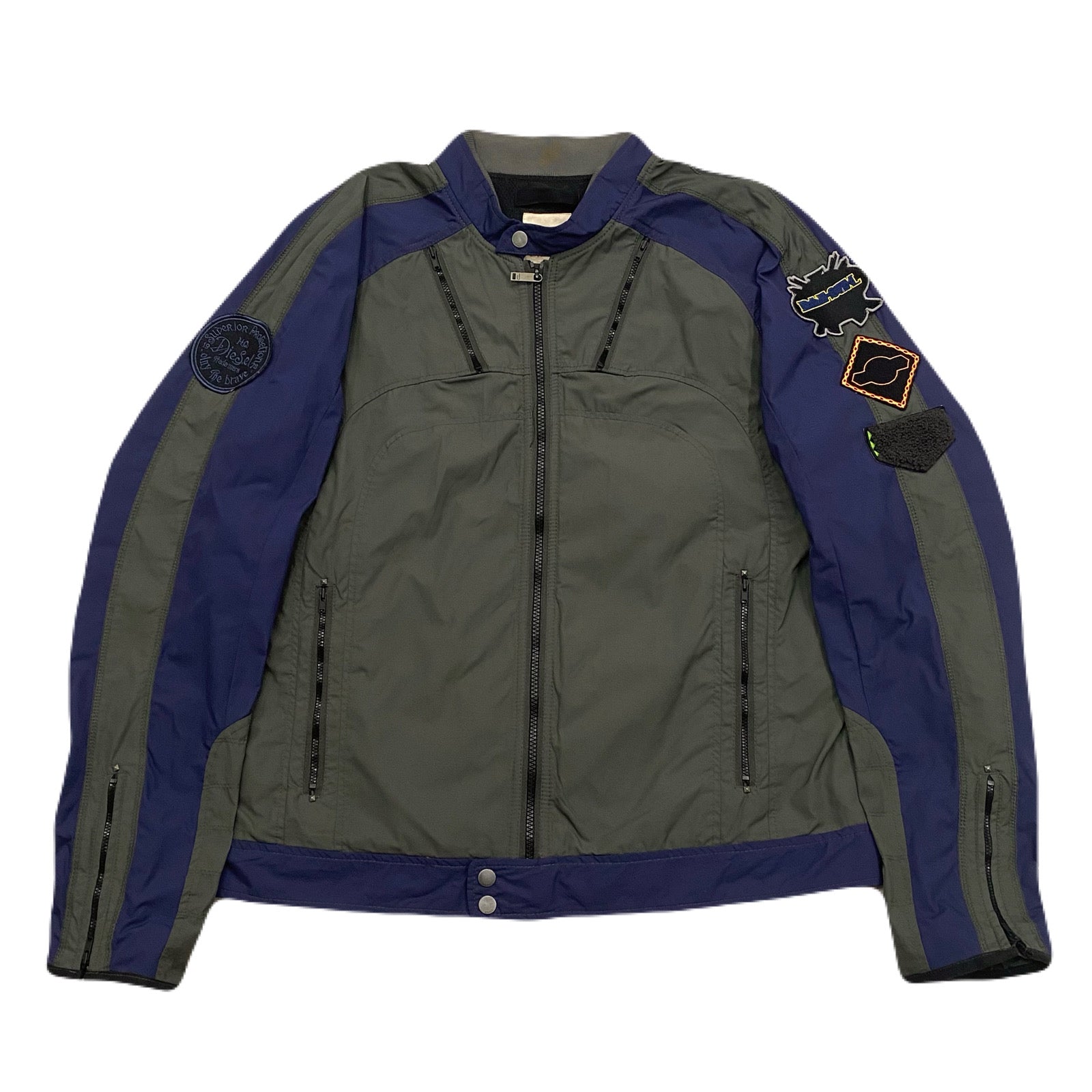 Diesel Y2K Patched Gray Blue Cafe Racer Biker Moto Jacket Men’s XXL