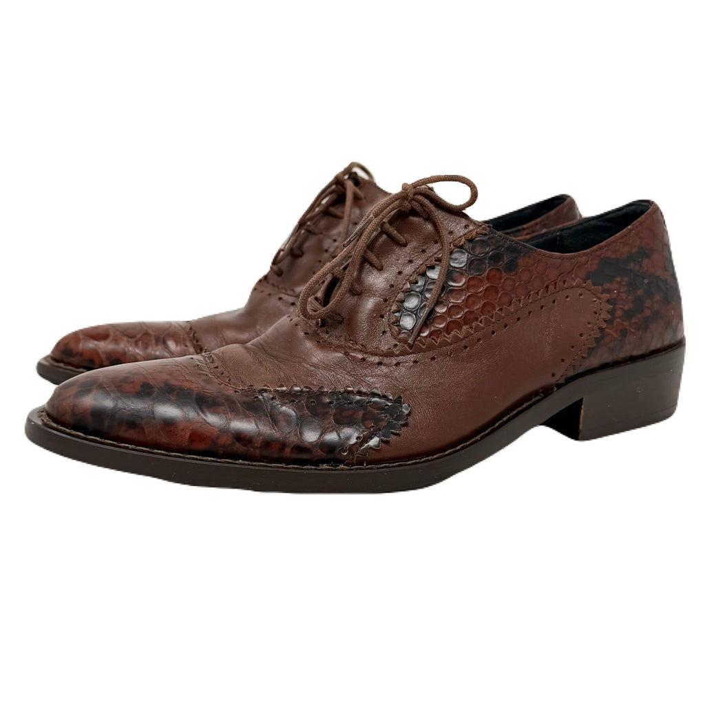 Vintage John Fluevog Twin Turbine Oxford Crocodile Stamped Brown Leather Shoes Men’s 7 US
