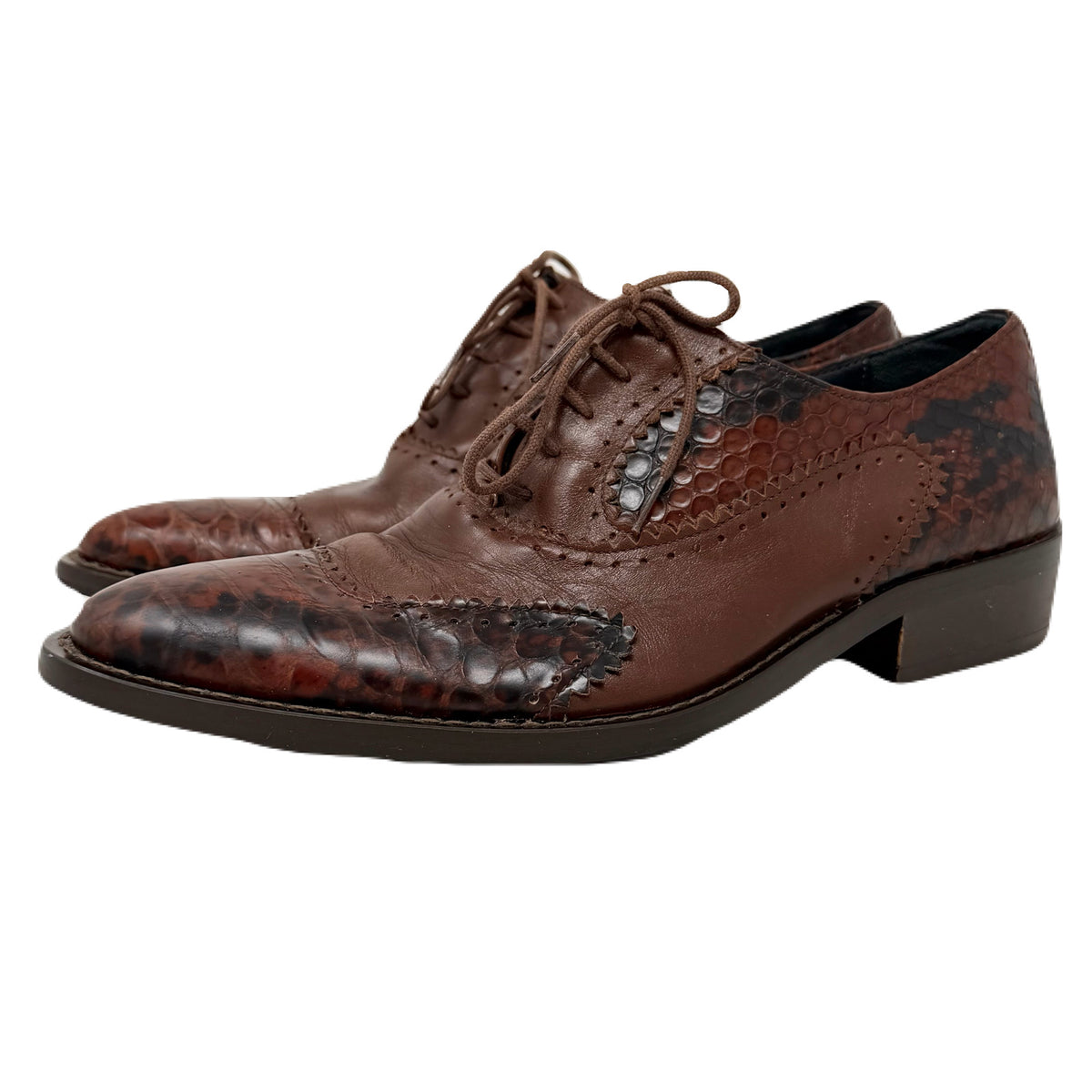 Vintage John Fluevog Twin Turbine Oxford Crocodile Stamped Brown Leather Shoes Men’s 7 US