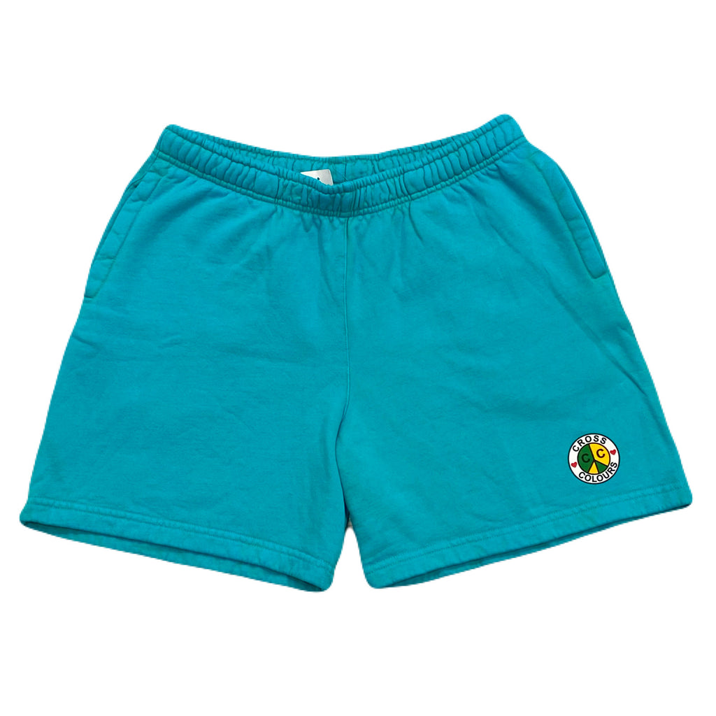 Cross Colours Peace Circle Logo Turquoise Fleece Shorts Men’s Large