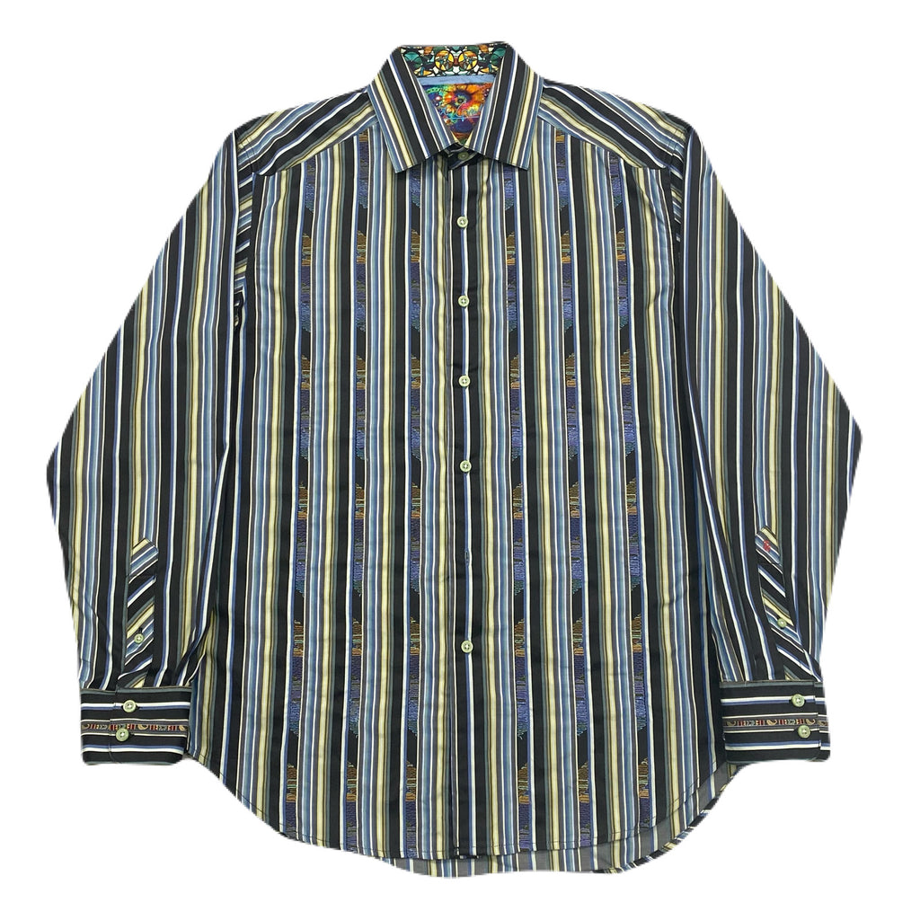 Robert Graham Striped Multicolor Flip Cuff Embroidered Mosaic Trim Button Up Shirt Men’s Medium