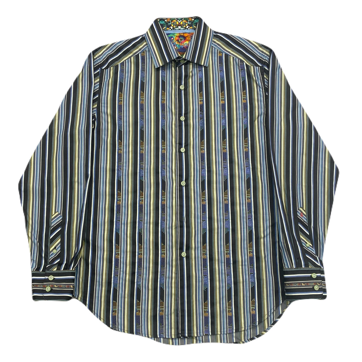 Robert Graham Striped Multicolor Flip Cuff Embroidered Mosaic Trim Button Up Shirt Men’s Medium