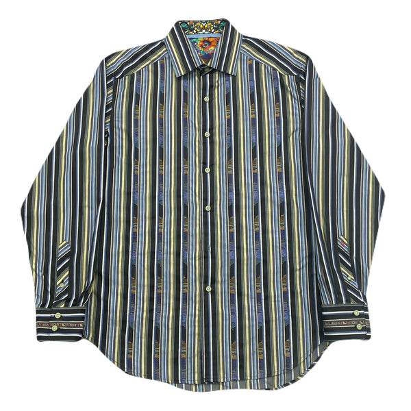 Robert Graham Striped Multicolor Flip Cuff Embroidered Mosaic Trim Button Up Shirt Men’s Medium