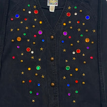 Load image into Gallery viewer, Vintage Monique Fashions Black Denim Embellished Stars &amp; Gems Shirt Women’s 5/6
