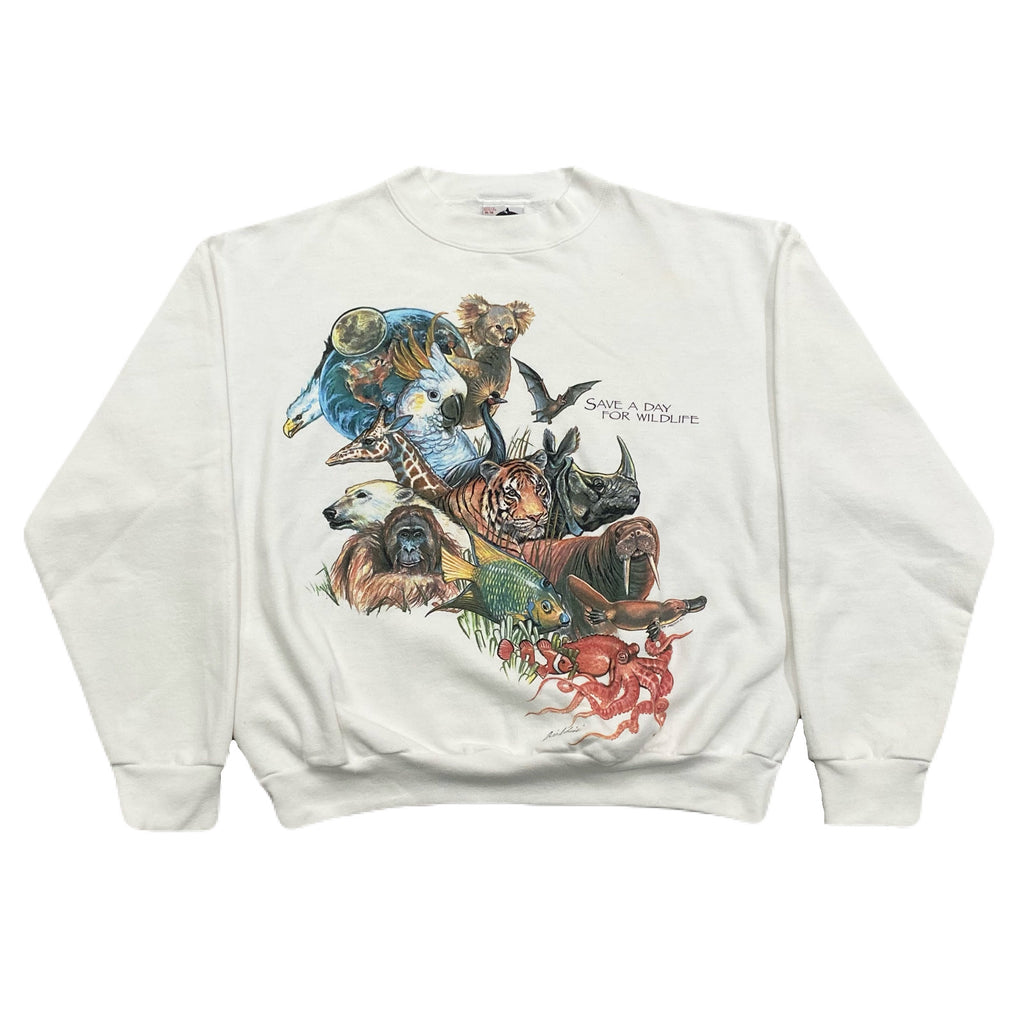 Vintage 1991 Harlequin Save A Day For Wildlife Double Sided Sweatshirt Adult Medium