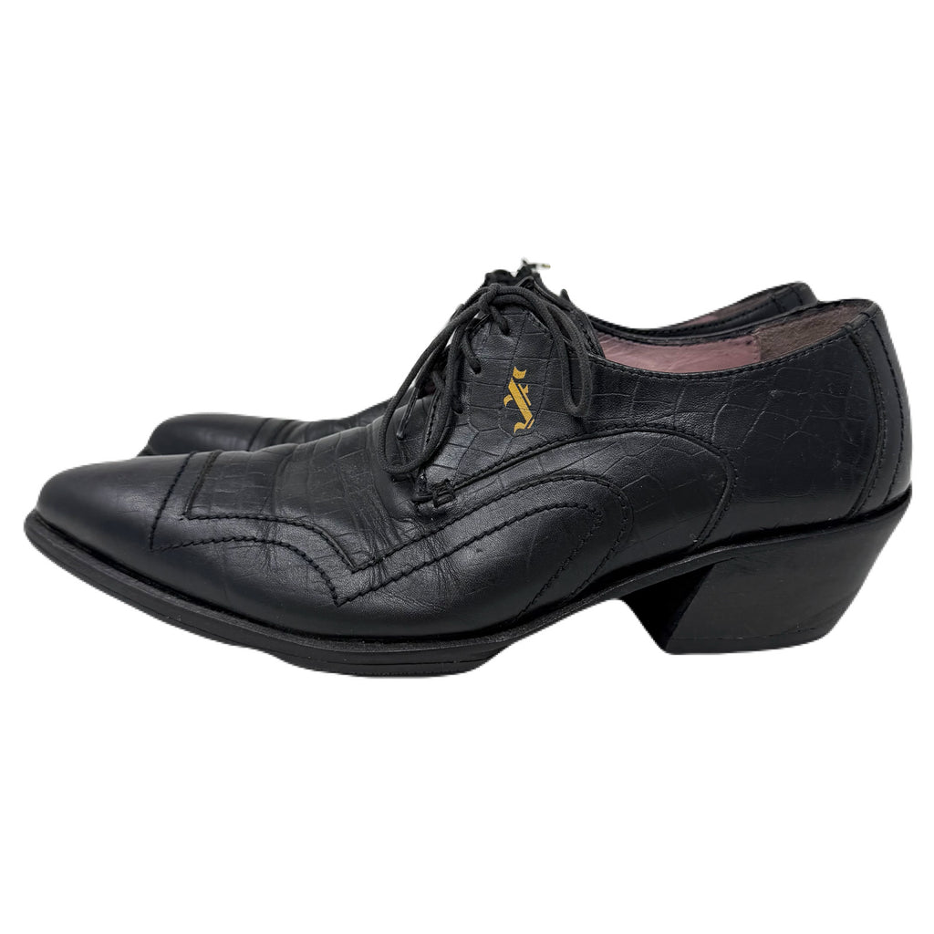 Vintage John Fluevog Idol Family Jackson Crocodile Stamped Black Leather Shoes Men’s 7 US