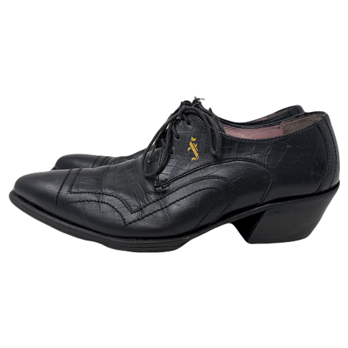 Vintage John Fluevog Idol Family Jackson Crocodile Stamped Black Leather Shoes Men’s 7 US