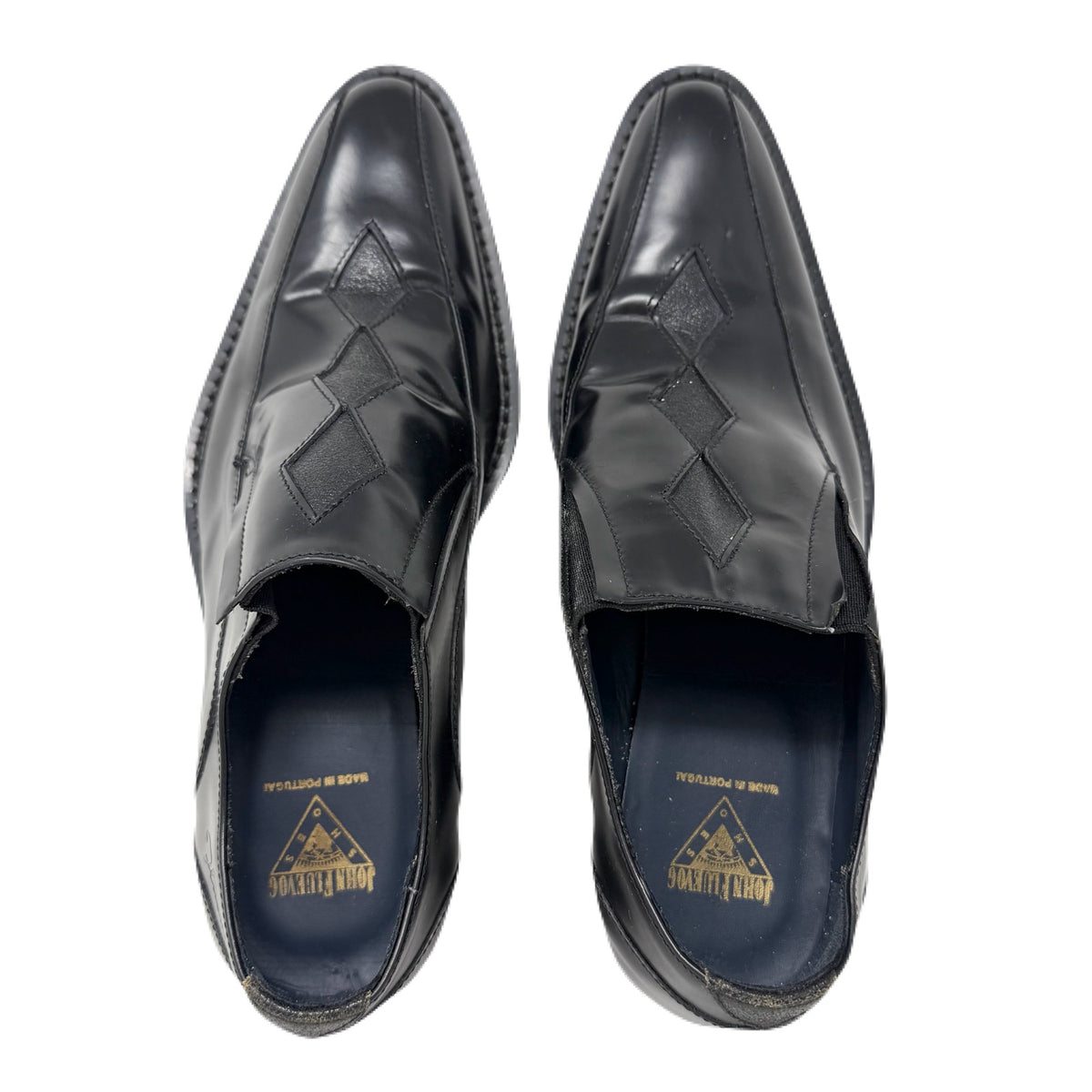 Vintage John Fluevog Ronnie Family Sigurd Diamond Pattern Stitching Black Leather Slip-On Shoes Men’s 7 US