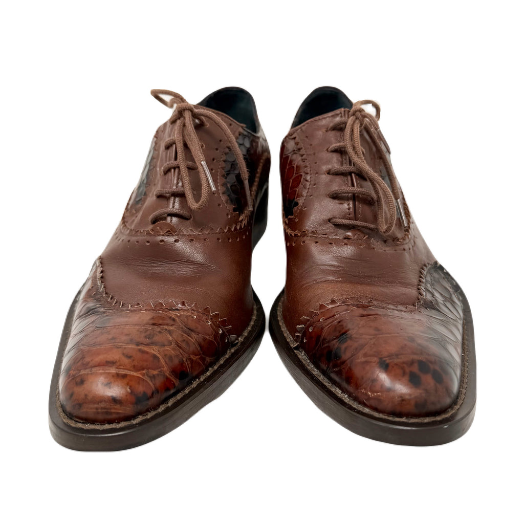 Vintage John Fluevog Twin Turbine Oxford Crocodile Stamped Brown Leather Shoes Men’s 7 US