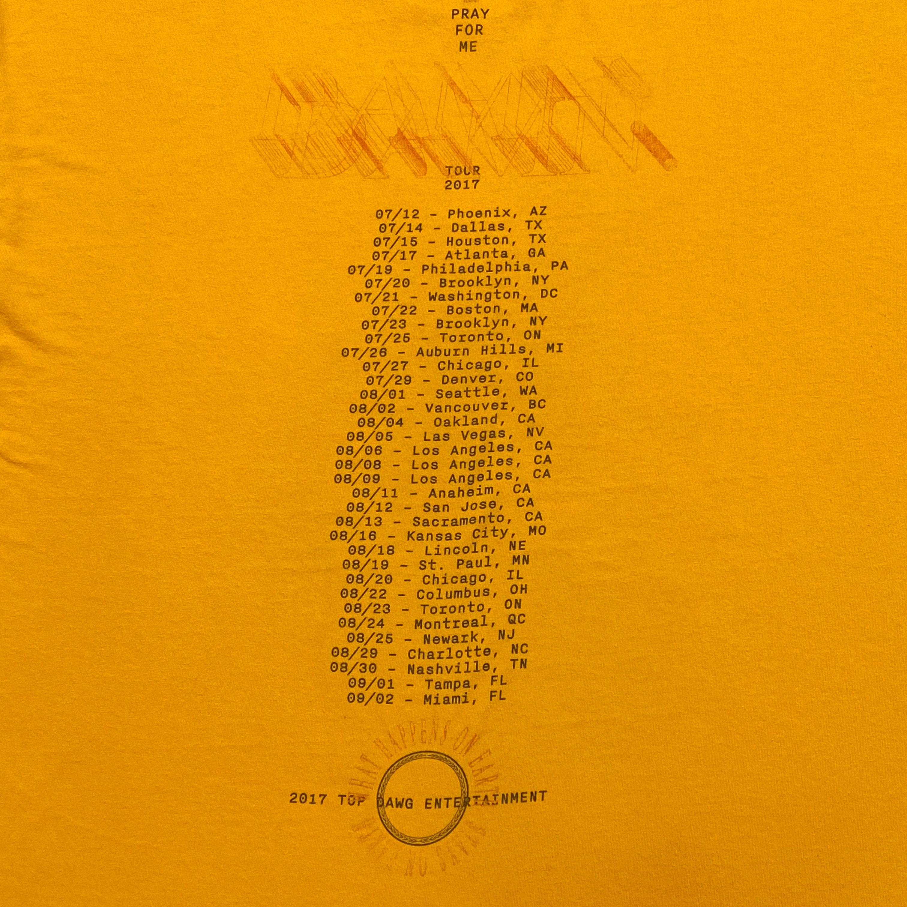 Kendrick Lamar 2017 Pray For Me Damn Tour Top Dawg Entertainment T-Shirt Men’s 2XL