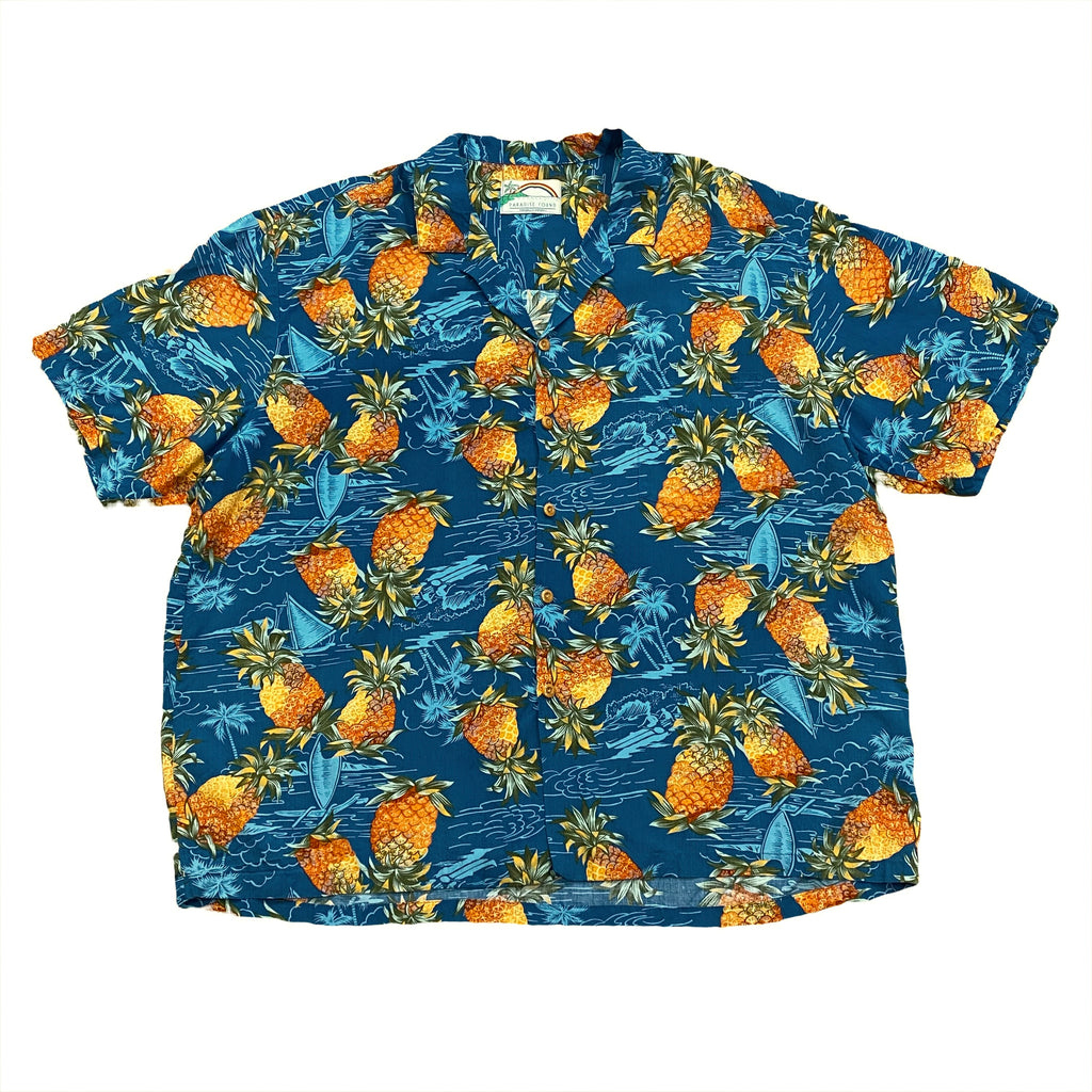 Vintage Paradise Found Pineapple Blue Rayon Hawaiian Shirt Men's XL