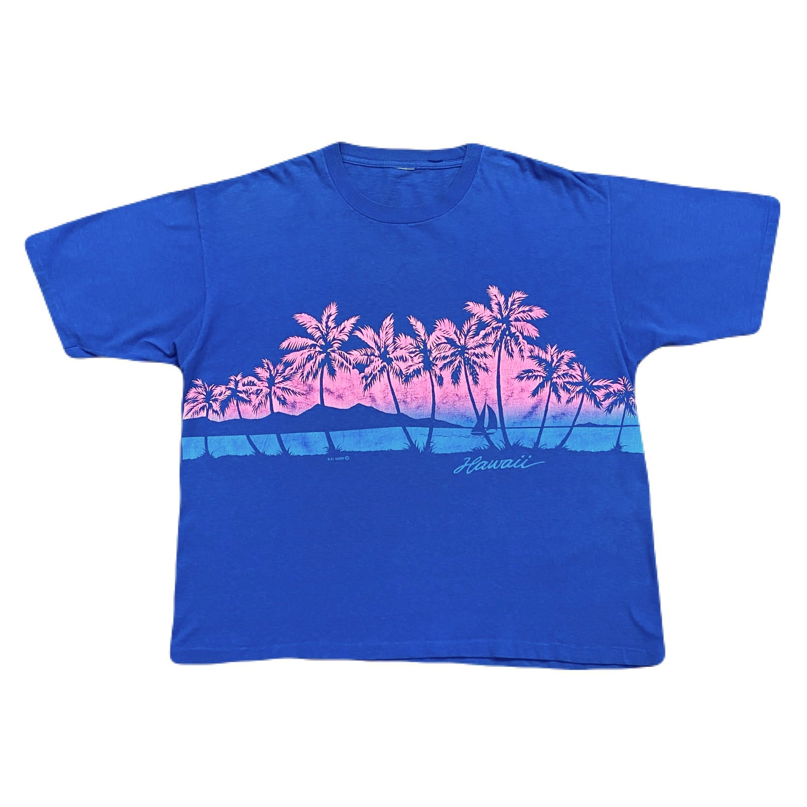 Vintage 80’s Hawaii Beach Sunset with Palm Trees Blue T-Shirt Men's Medium