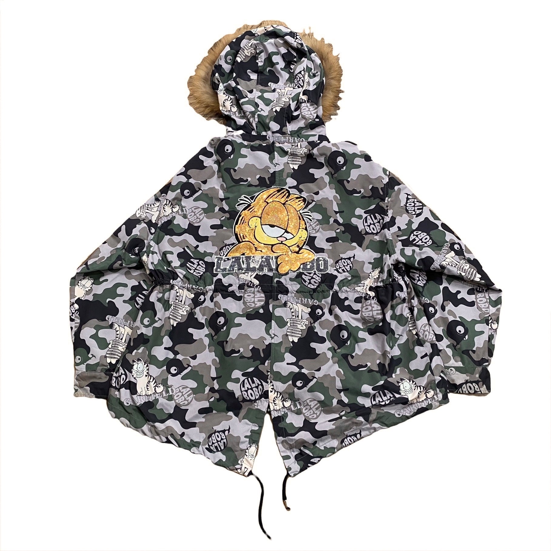 Lalabobo Garfield Sequin Logo Camo Racoon Fur Trim Hooded Jacket Women’s Large