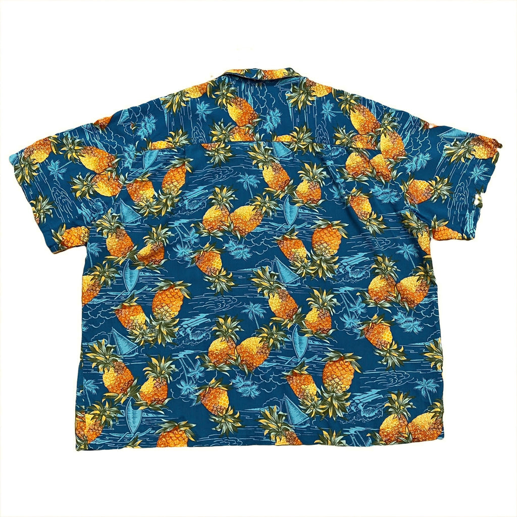 Vintage Paradise Found Pineapple Blue Rayon Hawaiian Shirt Men's XL