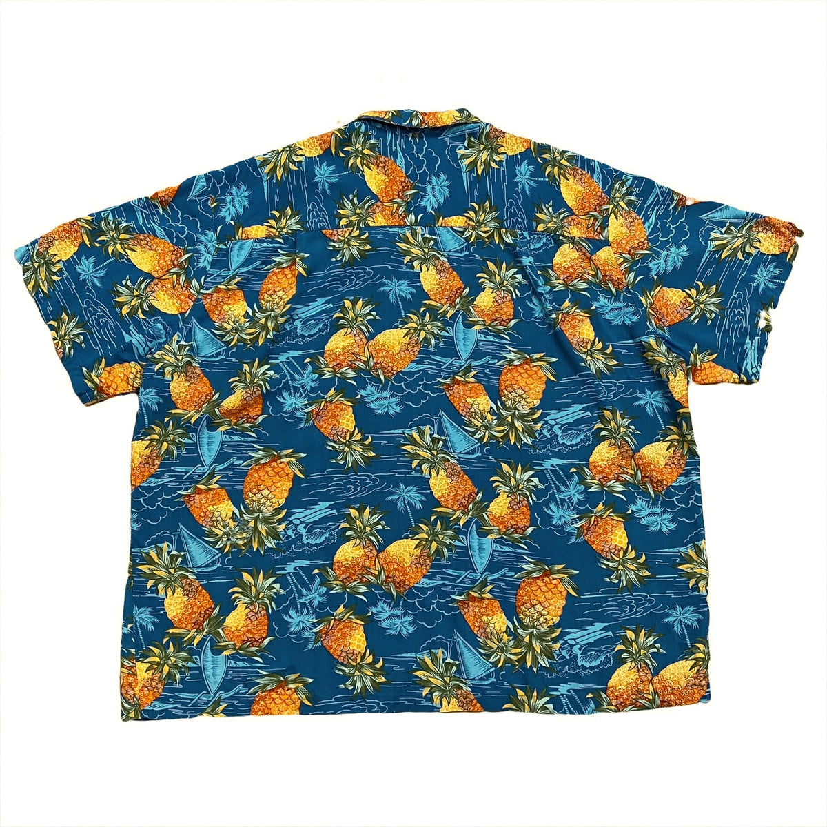Vintage Paradise Found Pineapple Blue Rayon Hawaiian Shirt Men's XL