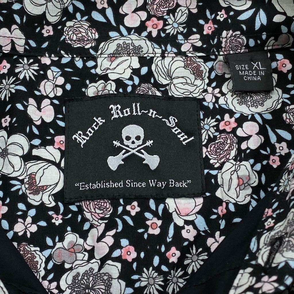 Rock Roll N Soul Embroidered Floral Trim Flip Cuff Long Sleeve Button Up Shirt XL