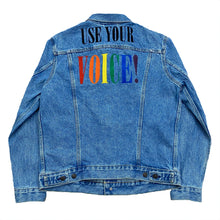 Load image into Gallery viewer, Levi’s Premium Denim LGBT Pride Use Your Voice Embroidered Truck Jacket Large
