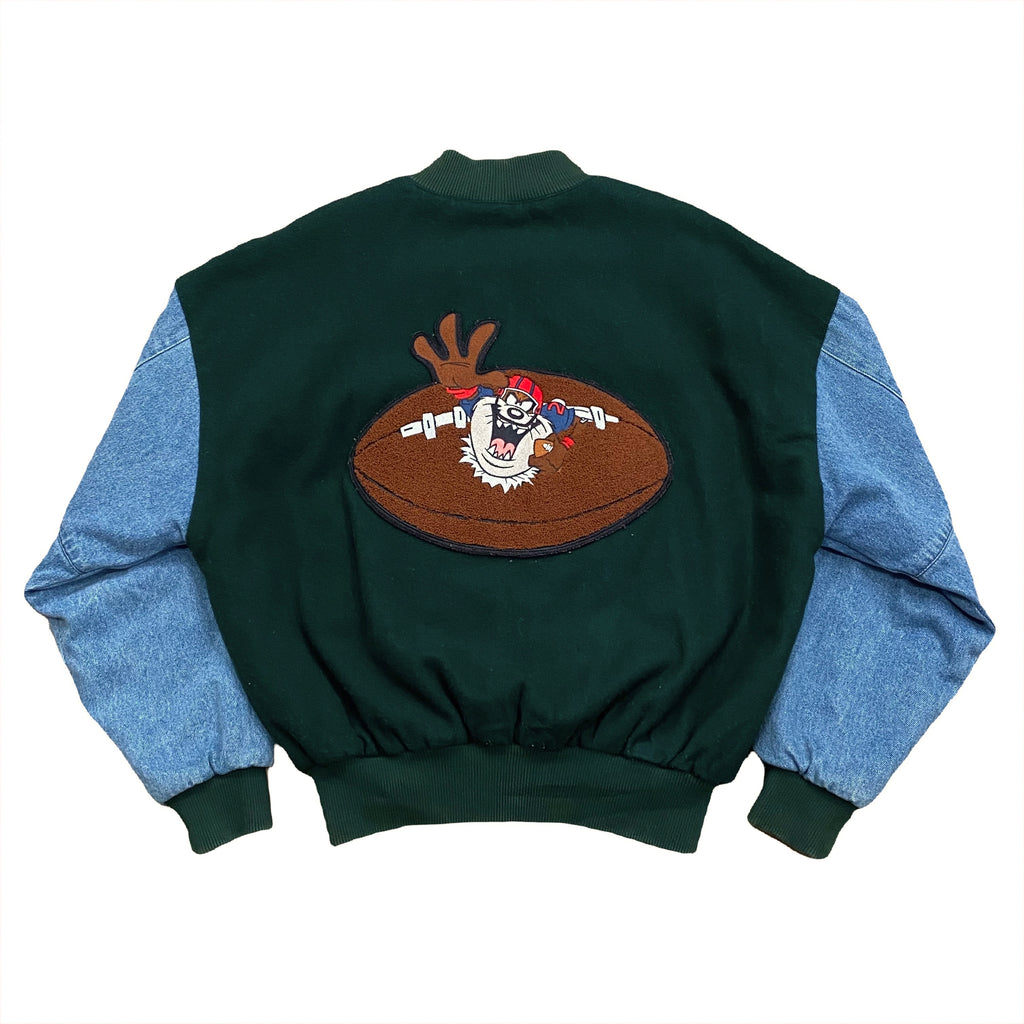 Vintage 1996 Warner Bros Studio Store Taz Football Wool Denim Bomber Jacket Men’s Small