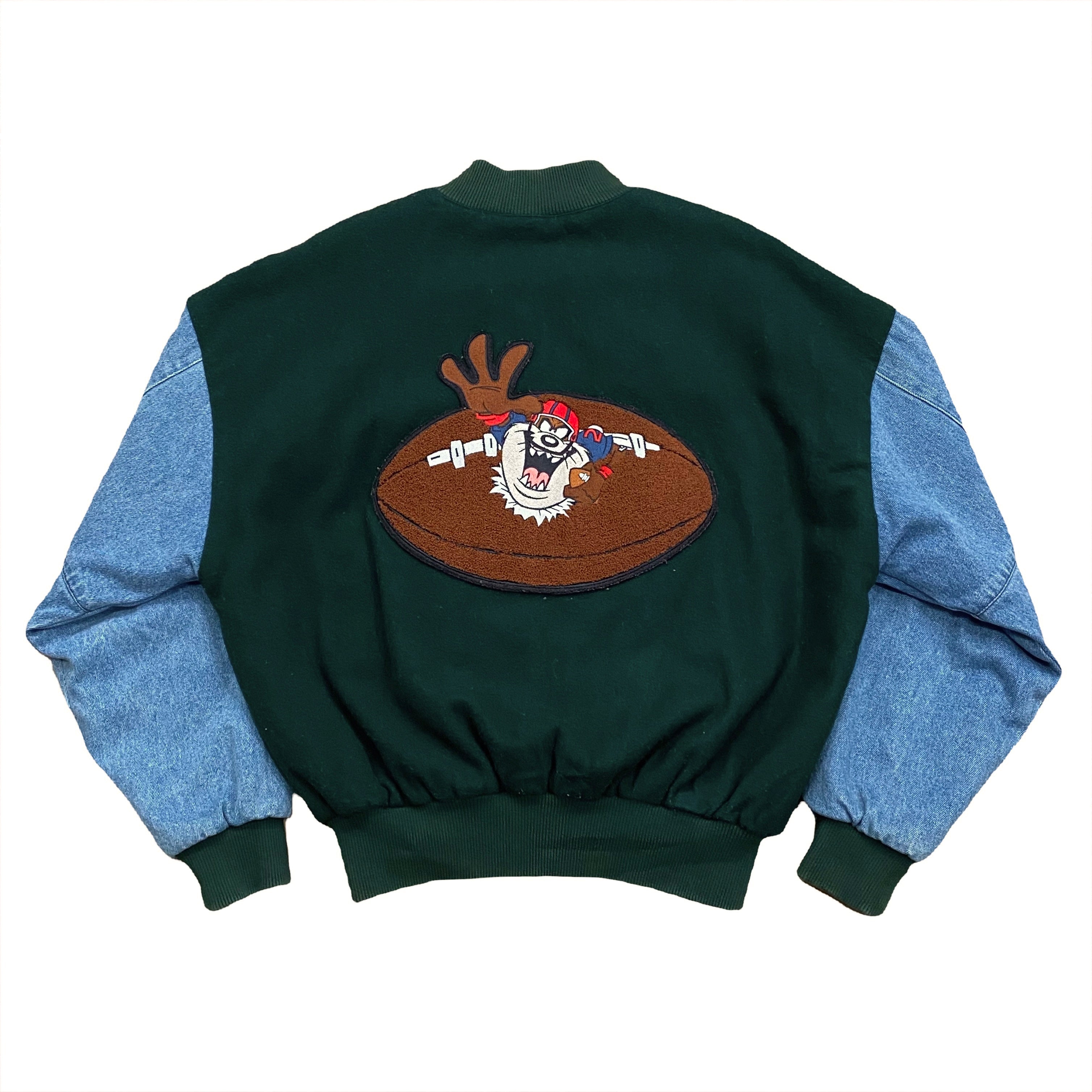 Vintage 1996 Warner Bros Studio Store Taz Football Wool Denim Bomber Jacket Men’s Small