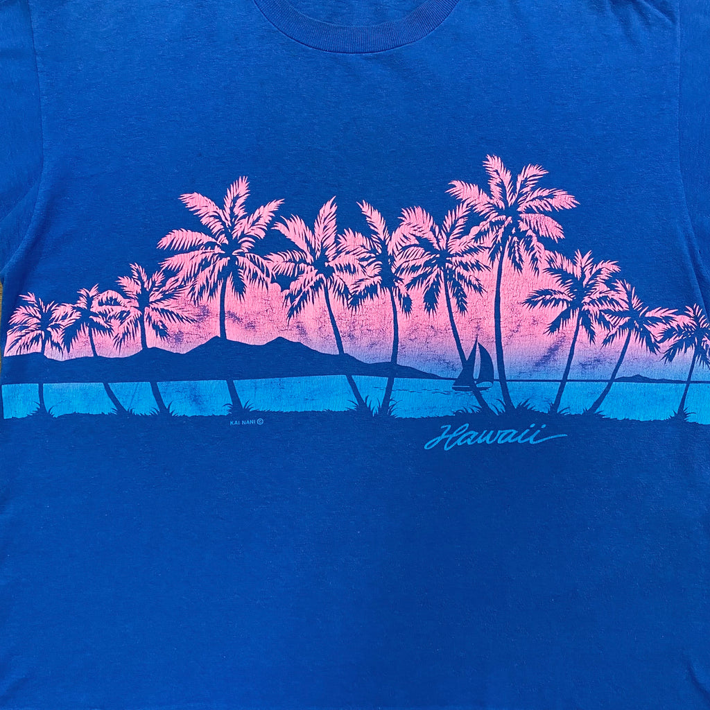 Vintage 80’s Hawaii Beach Sunset with Palm Trees Blue T-Shirt Men's Medium