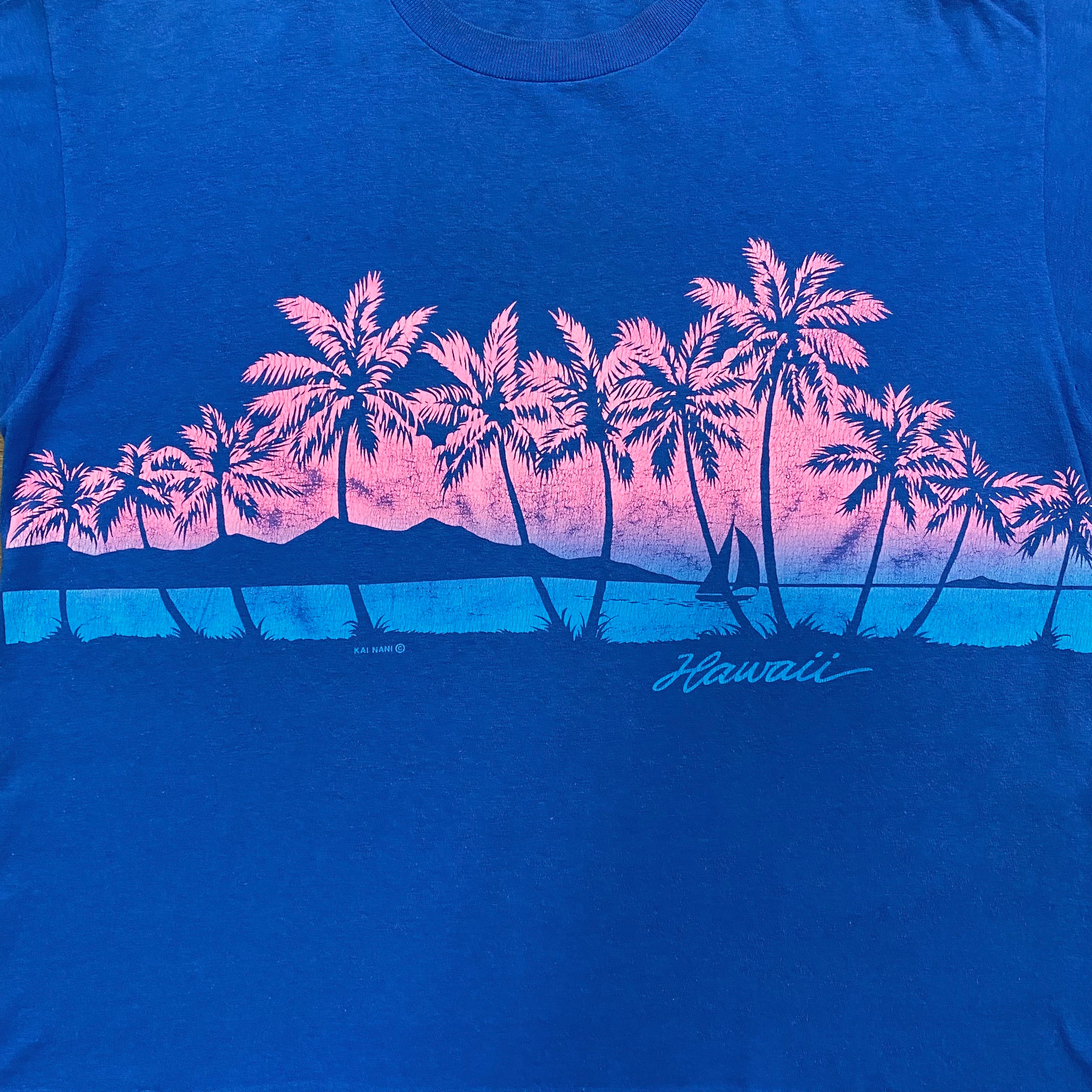 Vintage 80’s Hawaii Beach Sunset with Palm Trees Blue T-Shirt Men's Medium