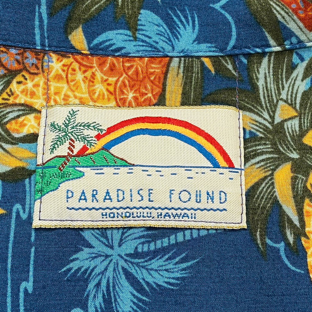 Vintage Paradise Found Pineapple Blue Rayon Hawaiian Shirt Men's XL